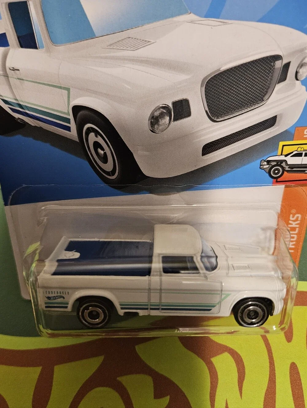 HotWheels White '63 Studebaker Pickup Truck with Blue & Green Stripes